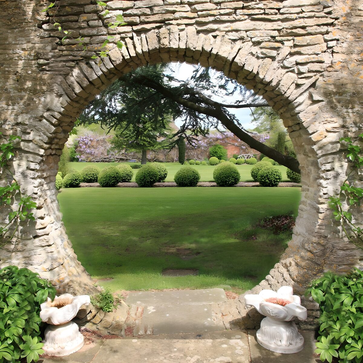 Steinbogen mit Blick ins Gartengrün