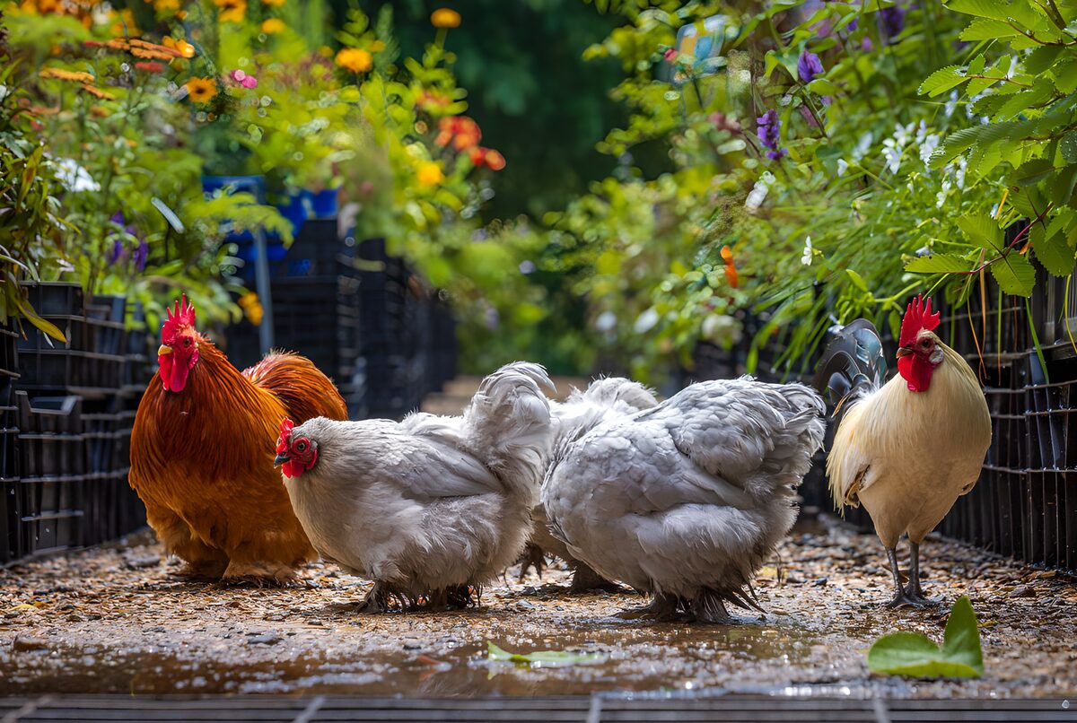 Hühner und Hähne im sommerlichen Garten