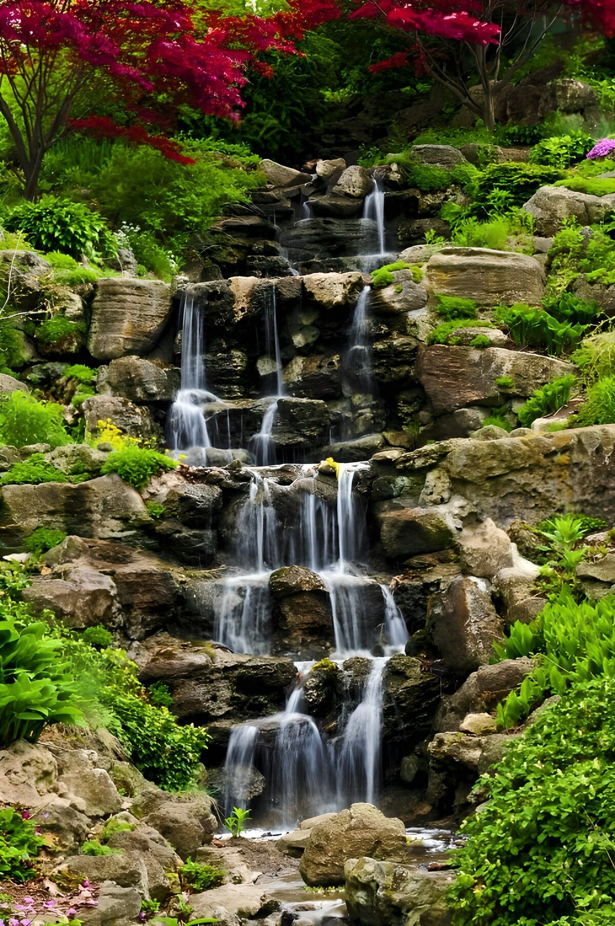 Gartenwasserfall zwischen moosigen Felsen
