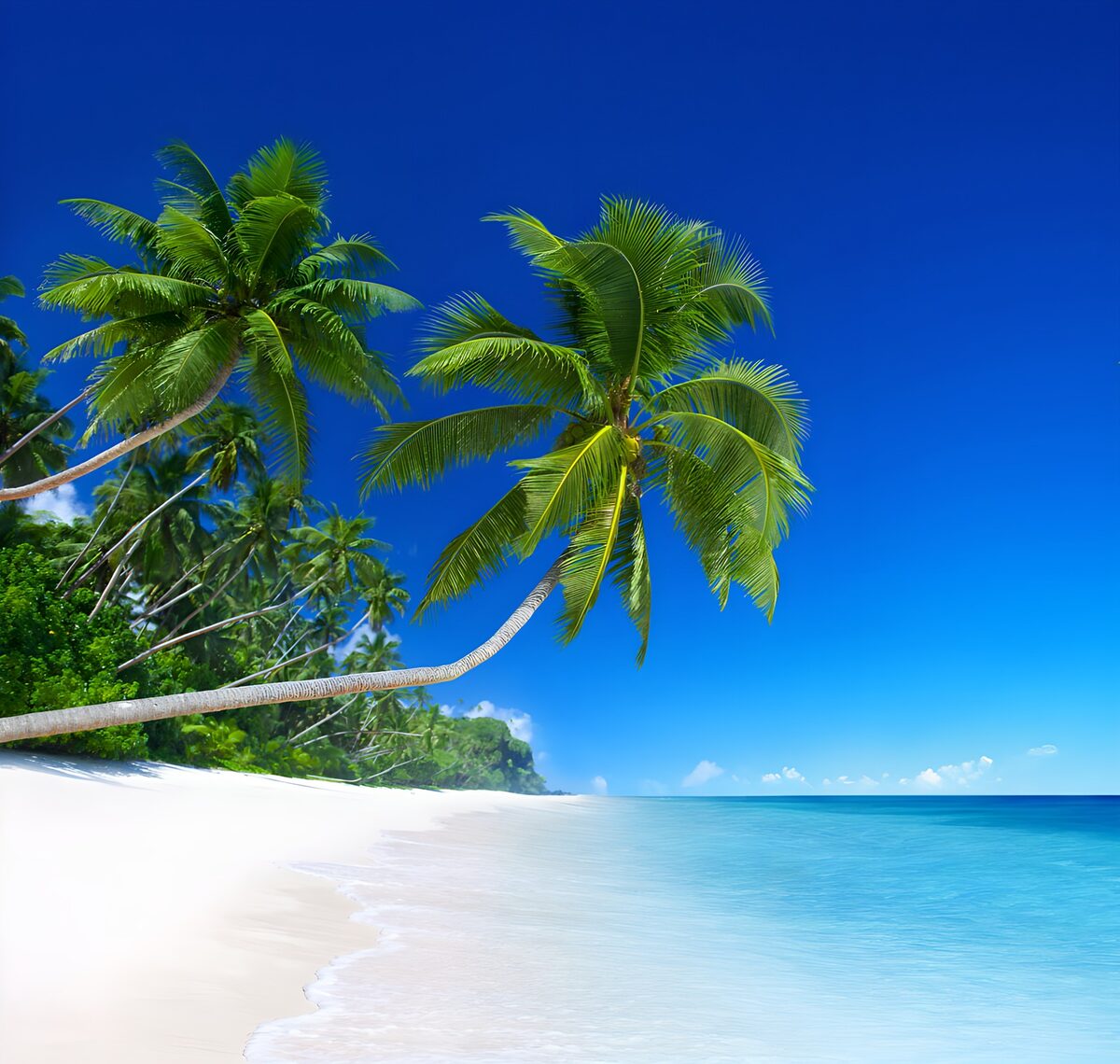 Weißer Sand, türkisblaues Meer und Palmen