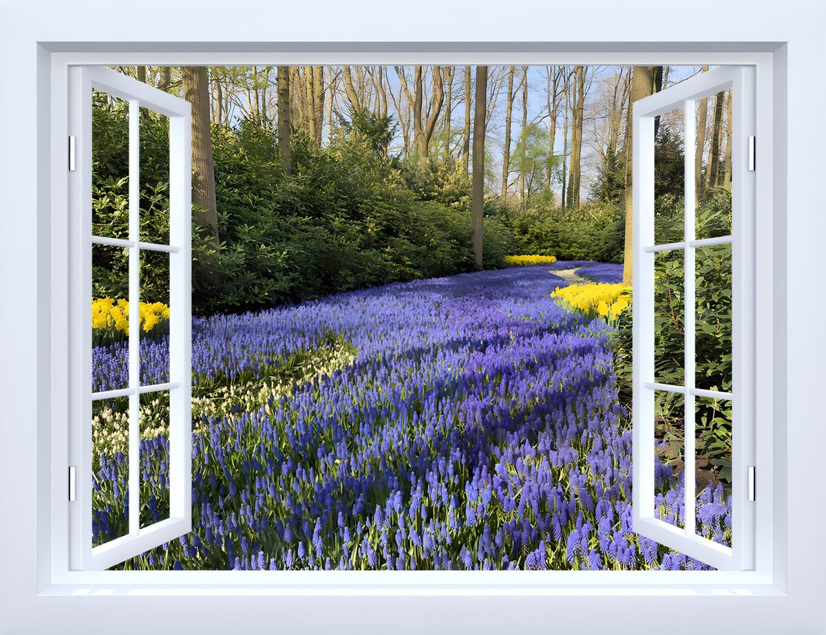 Offenes Fenster zum blauen Frühlingsgarten