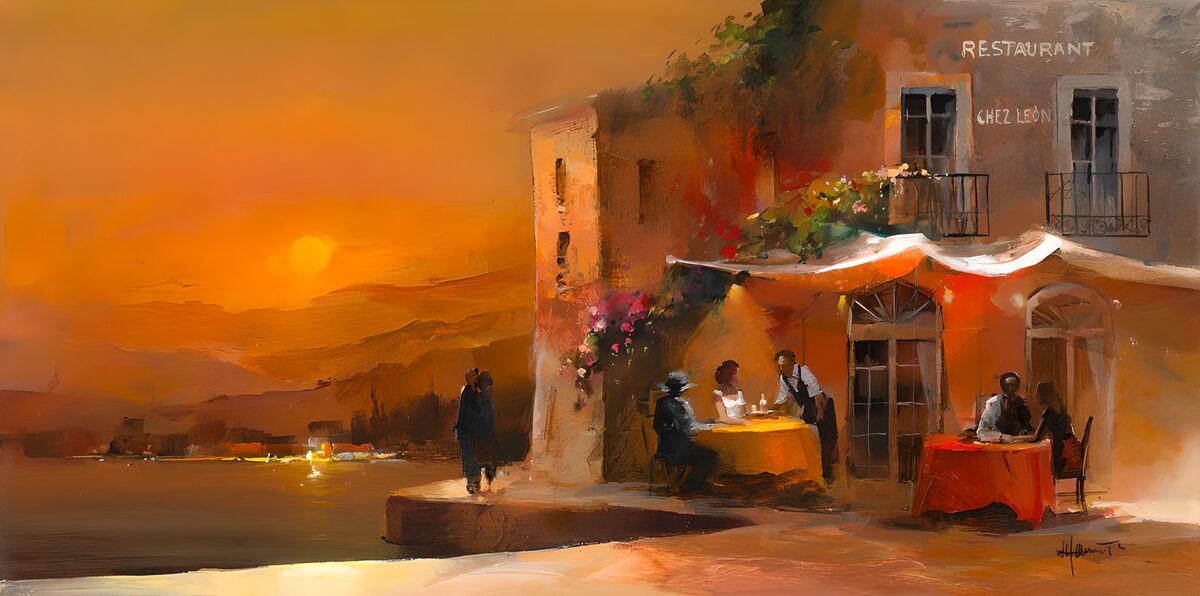 Restaurant am Wasser im Abendlicht