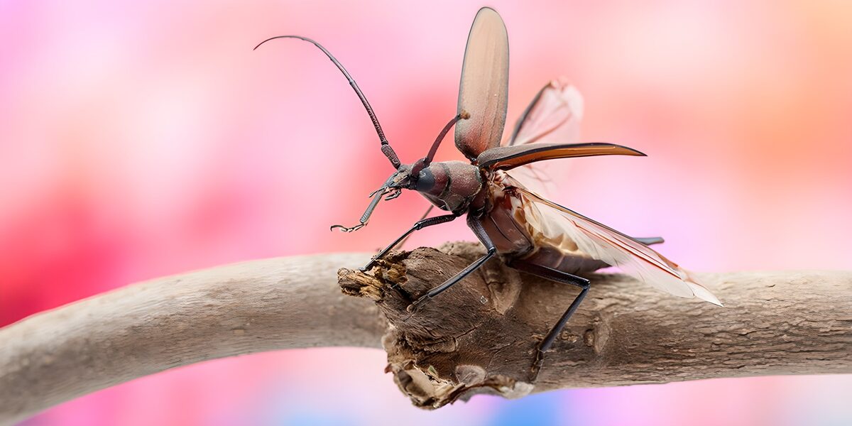 Käfer mit offenen Flügeln vor Rosa