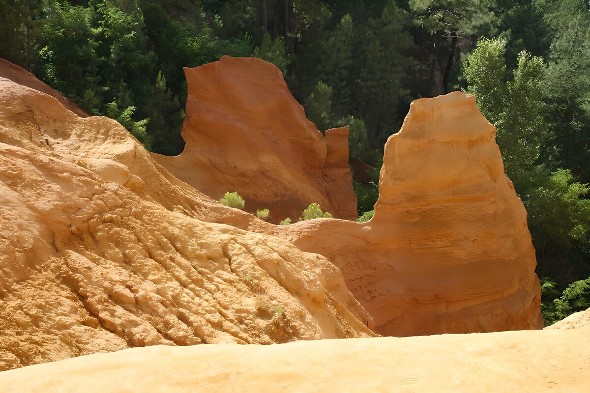 Goldgelbe Felswände im grünen Wald