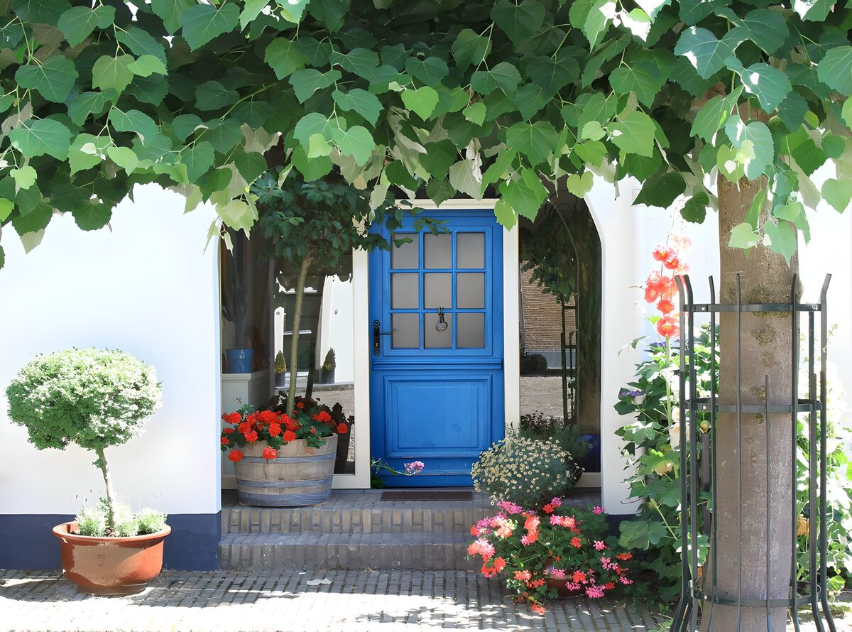 Blaue Haustür zwischen Blumentöpfen