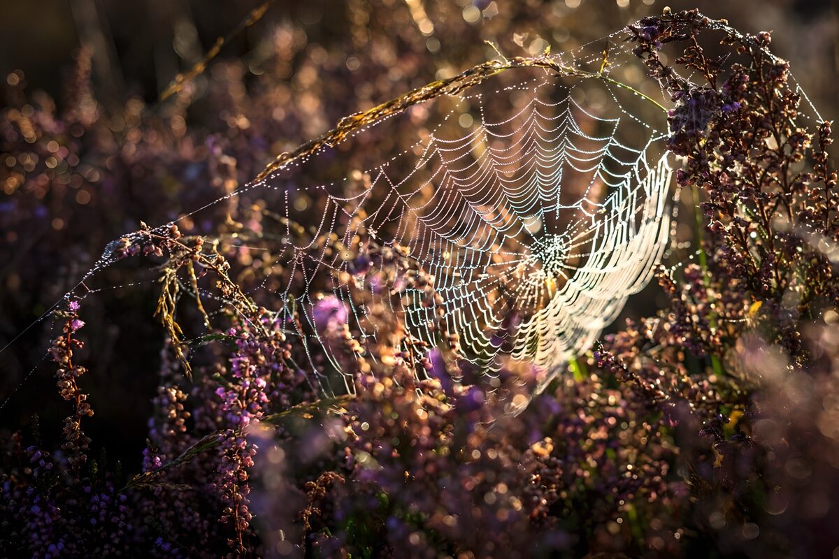 Spinnennetz mit Tau im goldenen Gegenlicht