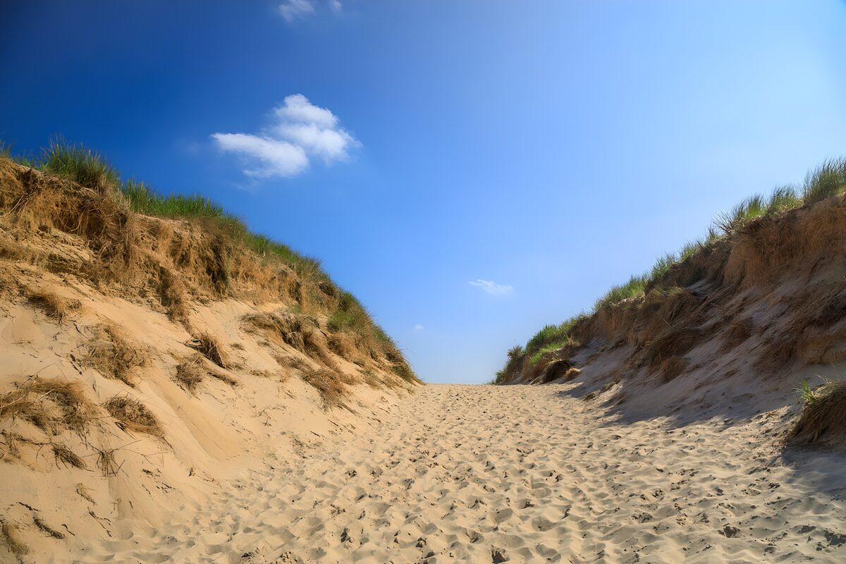 Sandweg zwischen Dünen im Sonnenlicht