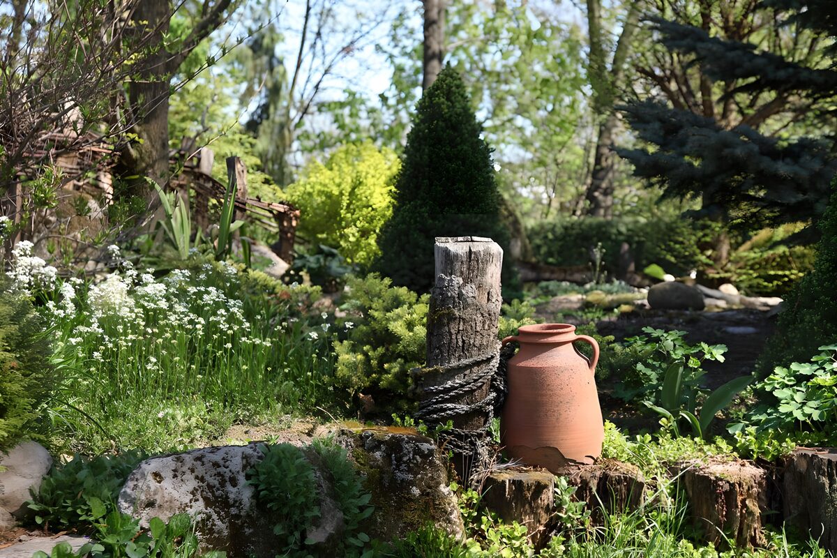 Rustikaler Garten mit Terrakottakrug