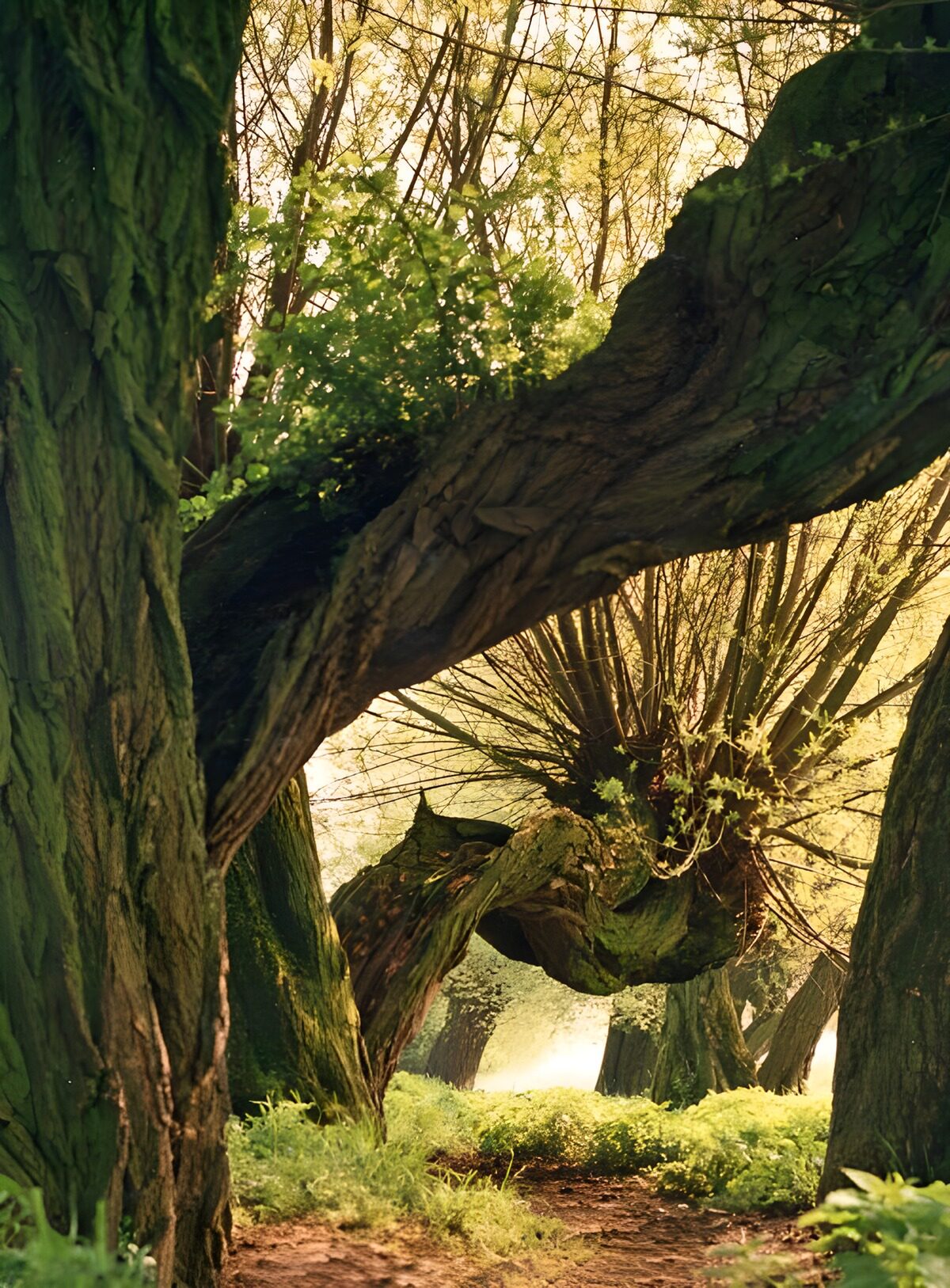 Waldpfad unter knorrigen Baumriesen
