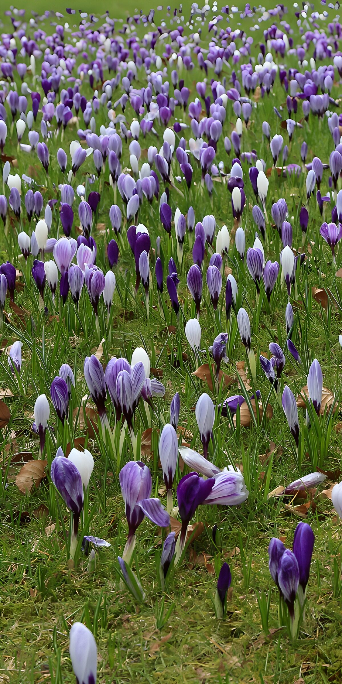 Lila und weiße Krokusse im Frühlingsgras