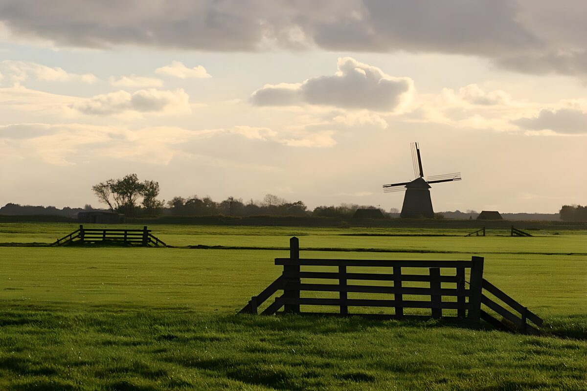 Windmühle über weiten grünen Wiesen