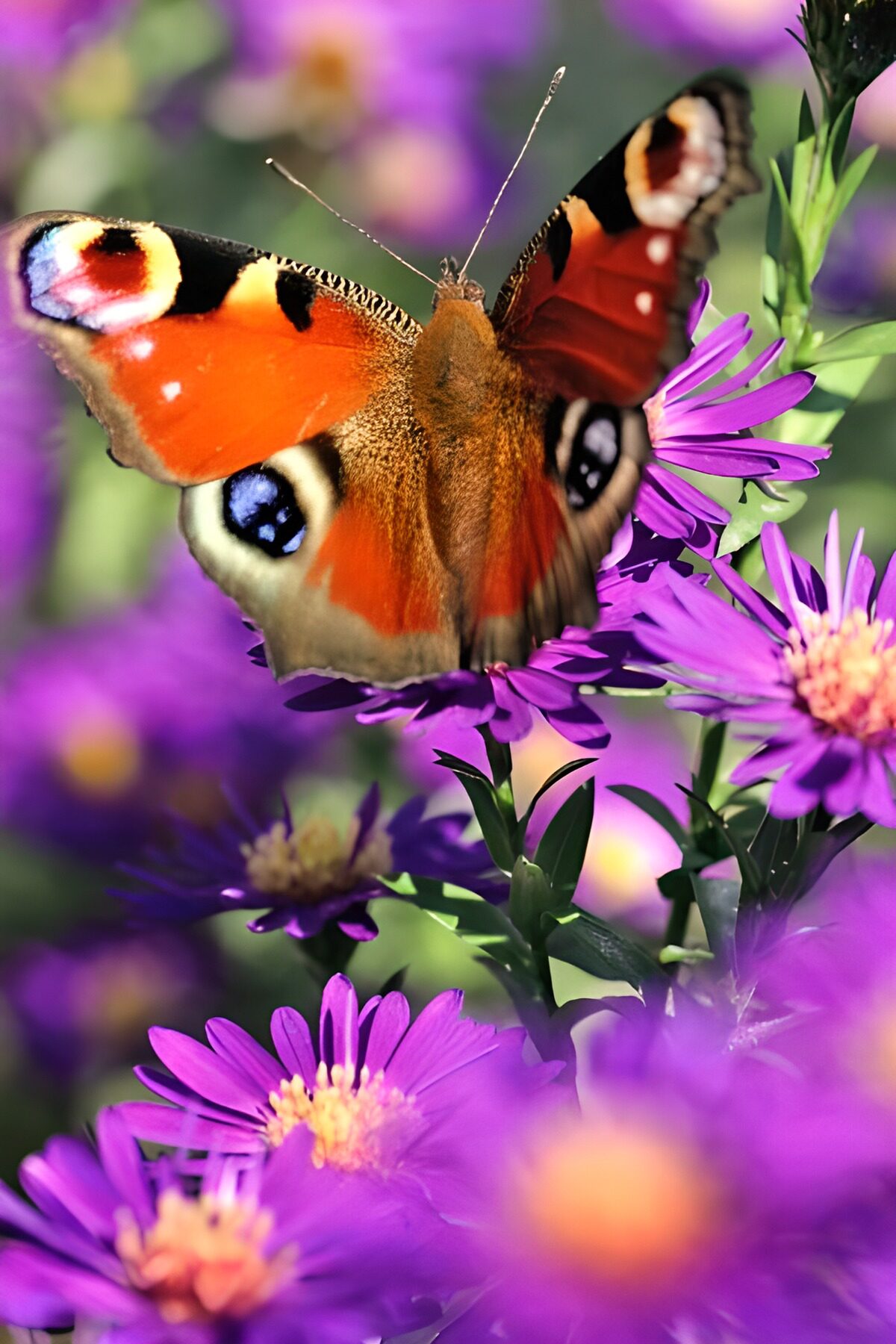 Tagpfauenauge auf sonnigen lila Blüten