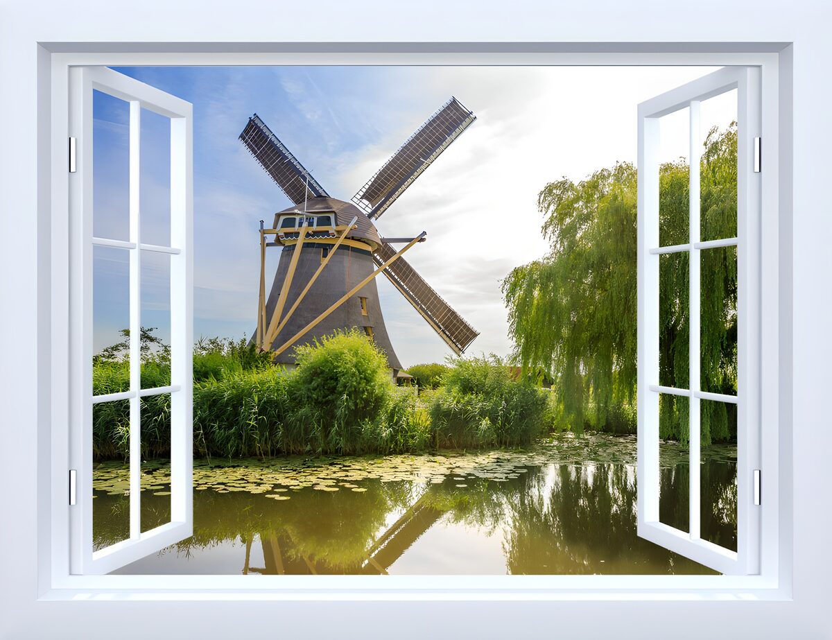 Offenes Fenster mit Blick auf die Windmühle