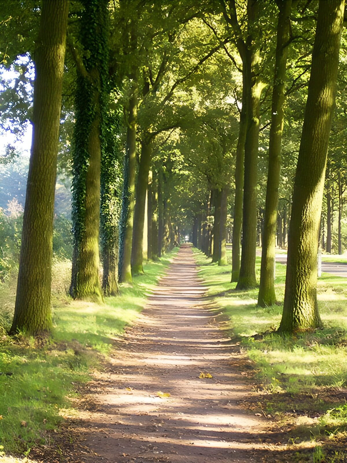 Sonniger Weg unter hohen Laubbäumen