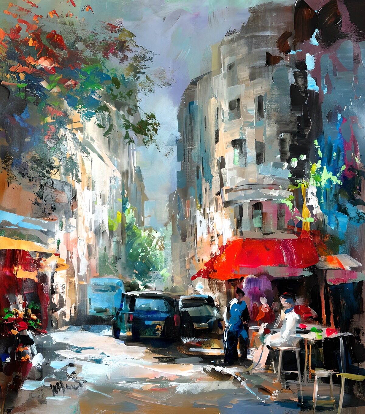 Bunte Straßenszene mit Caféterrasse
