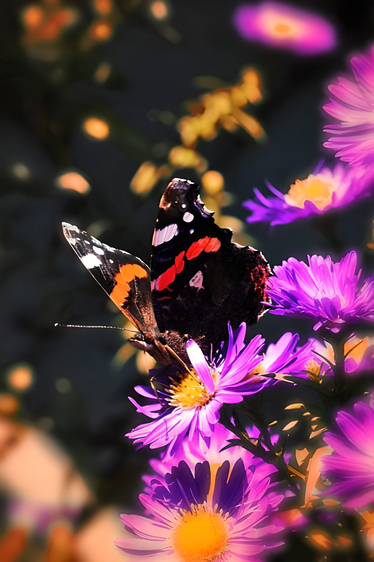 Schmetterling auf lila Blüten im Sonnenlicht
