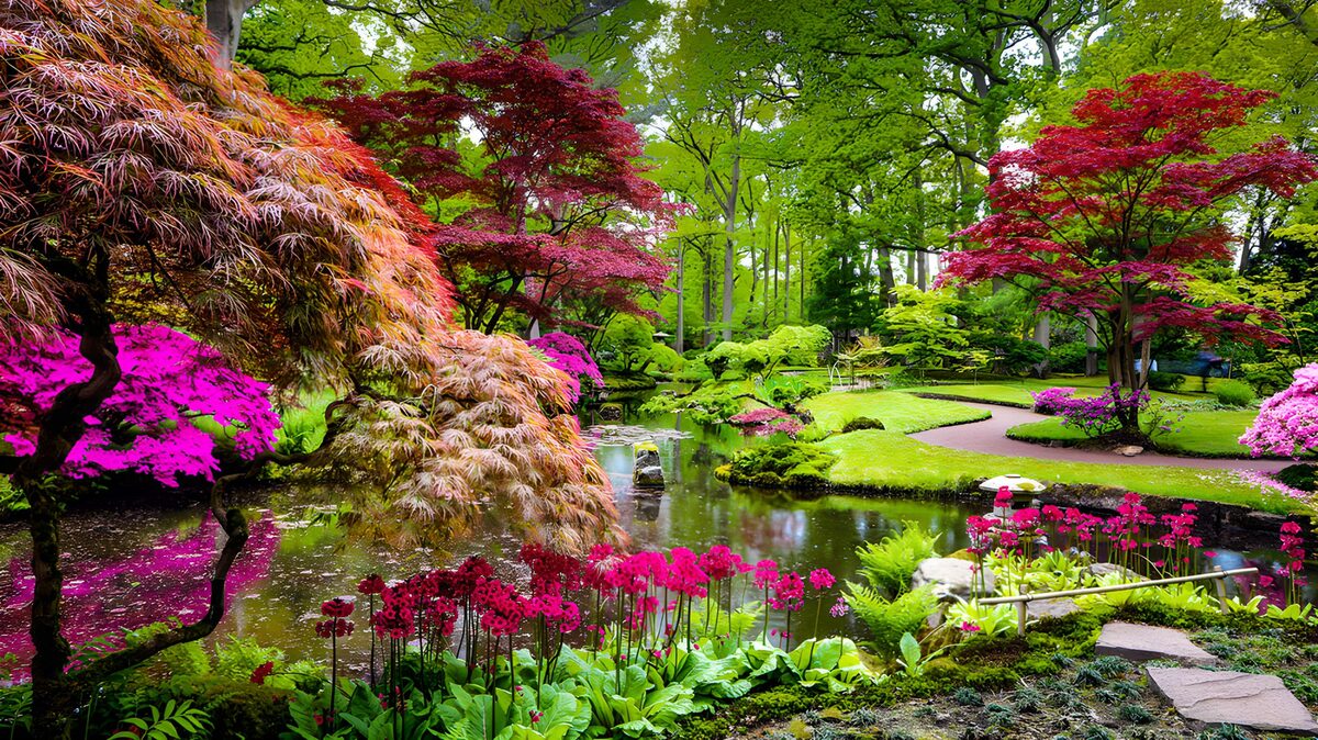 Ahorn und Blüten am stillen Gartenteich