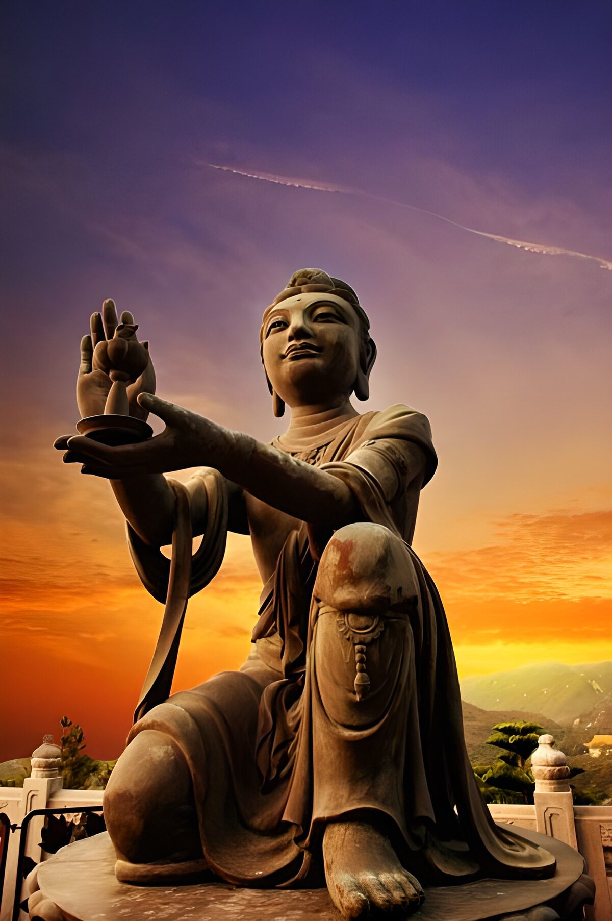 Kniender Buddha im Sonnenuntergang