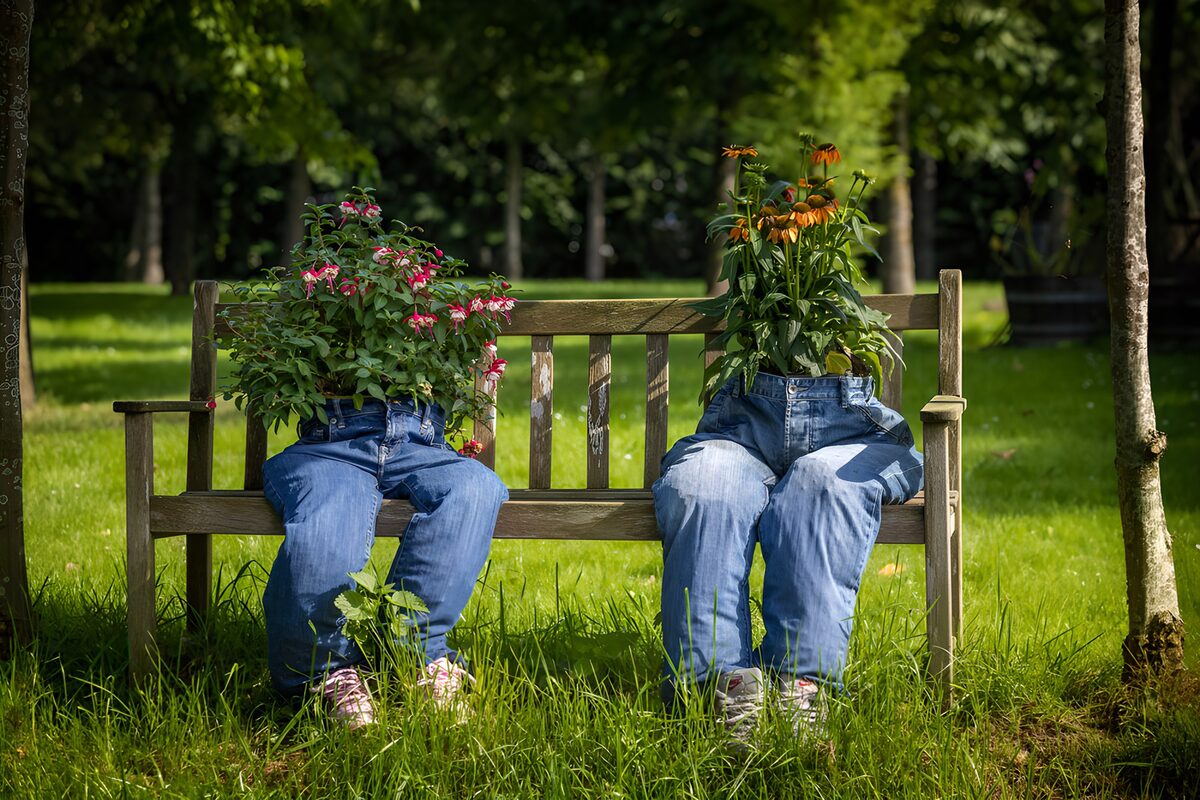 Blumen in Jeans auf der Gartenbank