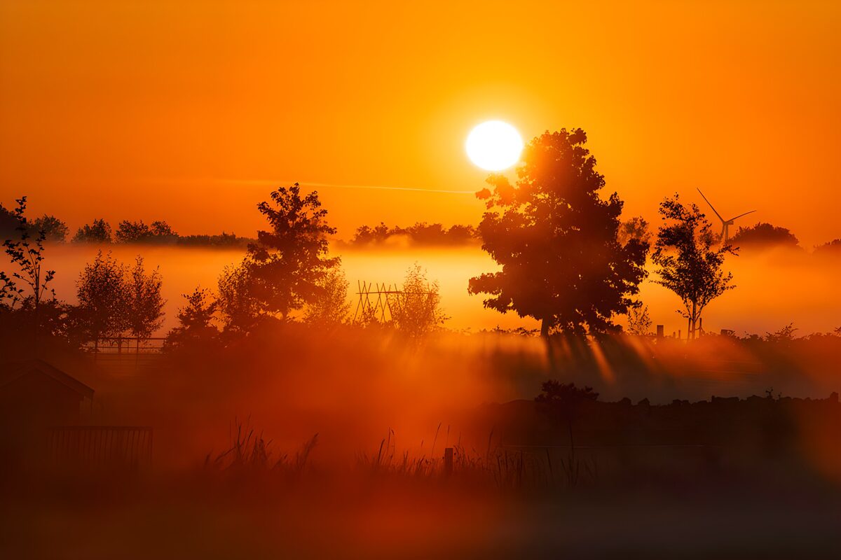 Ein Baum zwischen Nebel und Morgengold