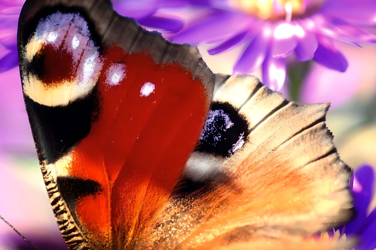 Tagpfauenauge vor leuchtend lila Blüten