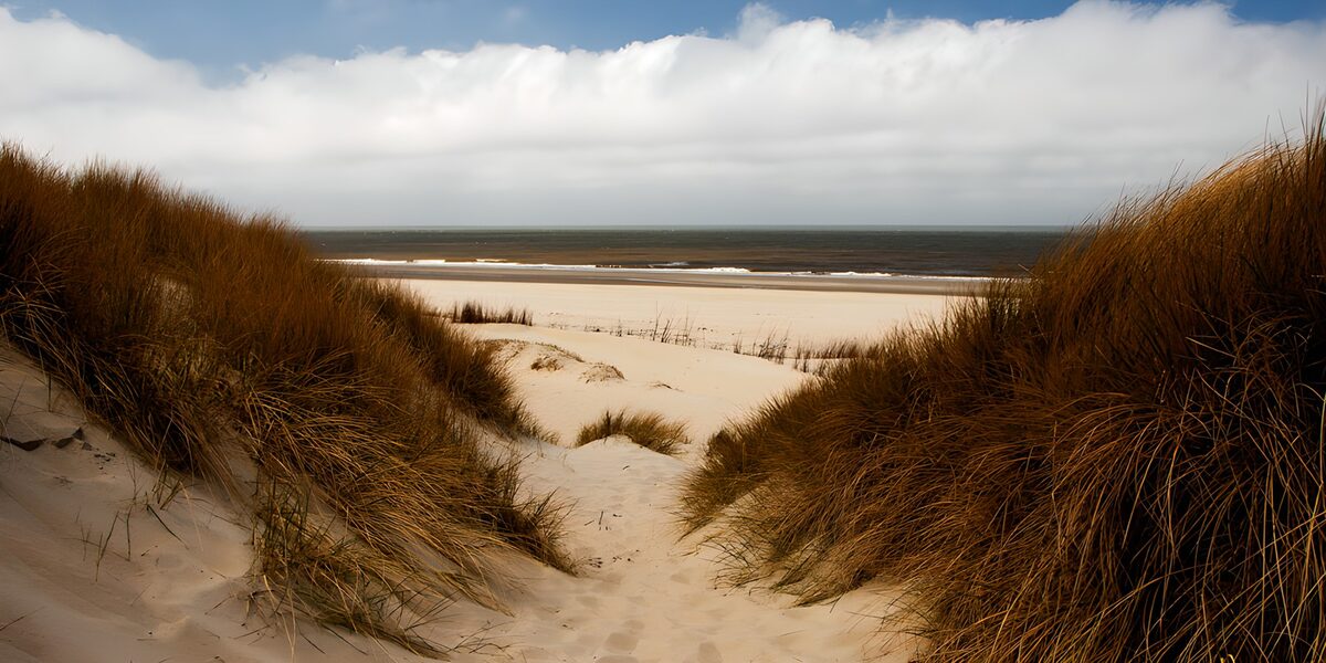 Dünenweg zum Strand unter weitem Himmel