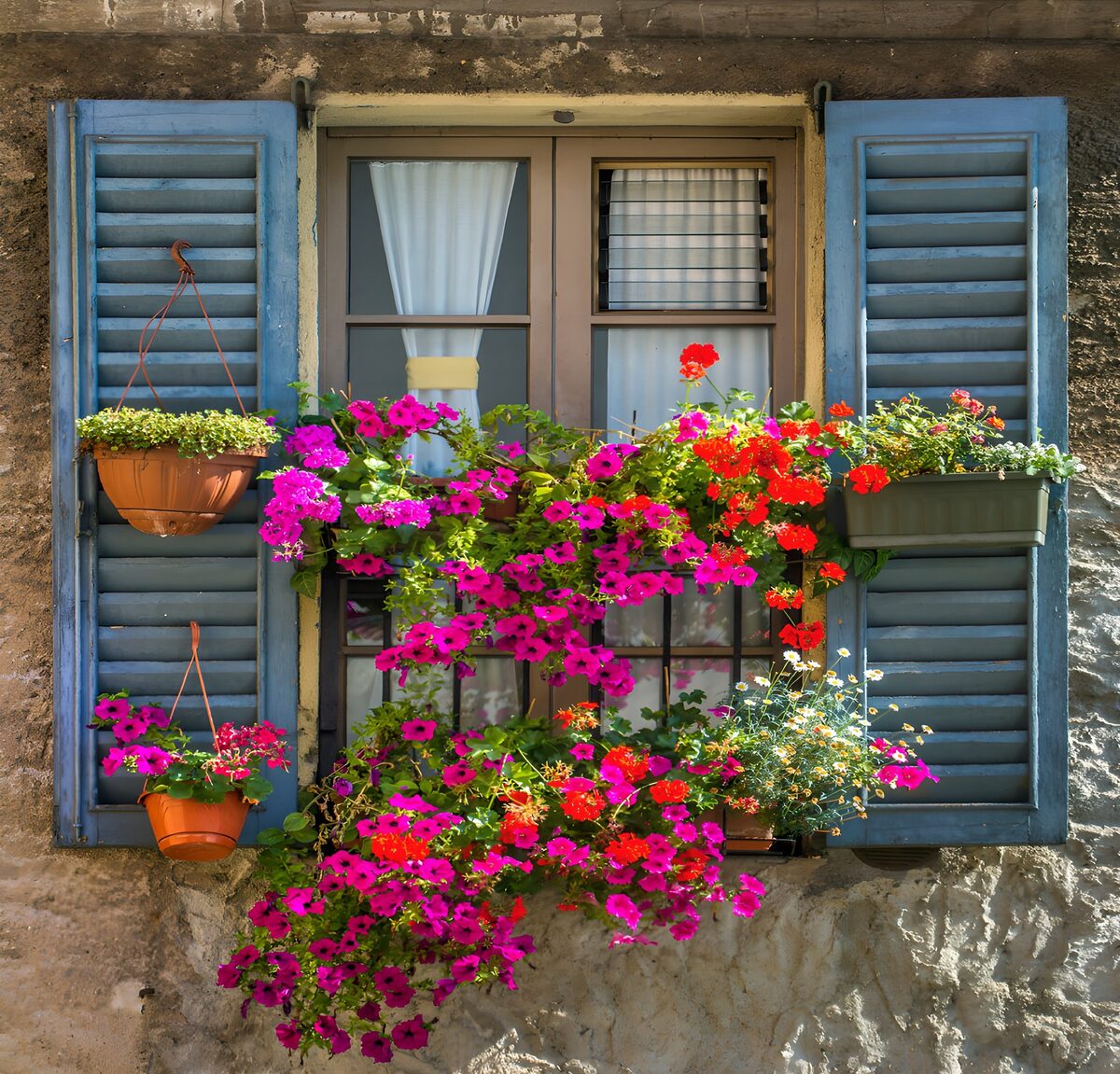 Blumenfenster mit blauen Fensterläden