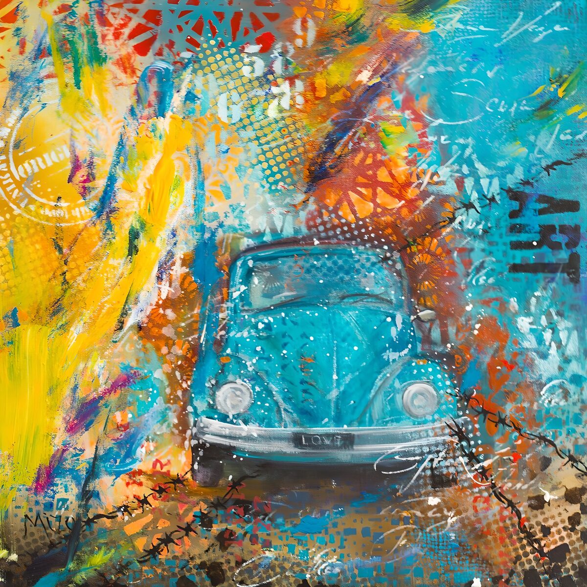 Türkiser Oldtimer vor buntem Graffiti