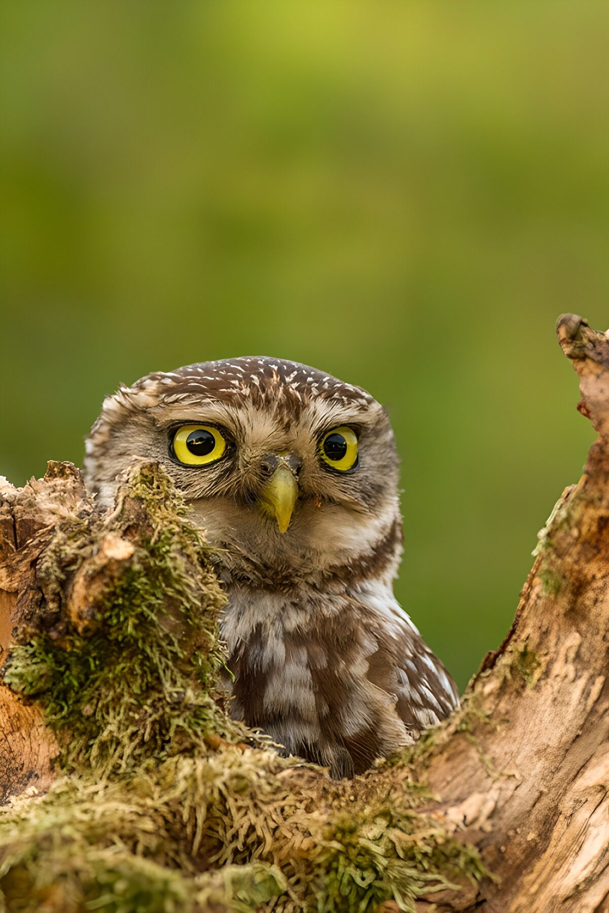 Kleine Eule im moosigen Baumversteck