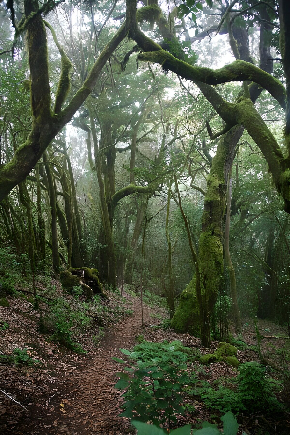 Schmaler Pfad durch moosgrünen Wald