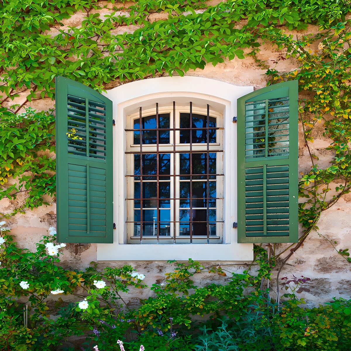 Fenster mit grünen Läden und Blüten