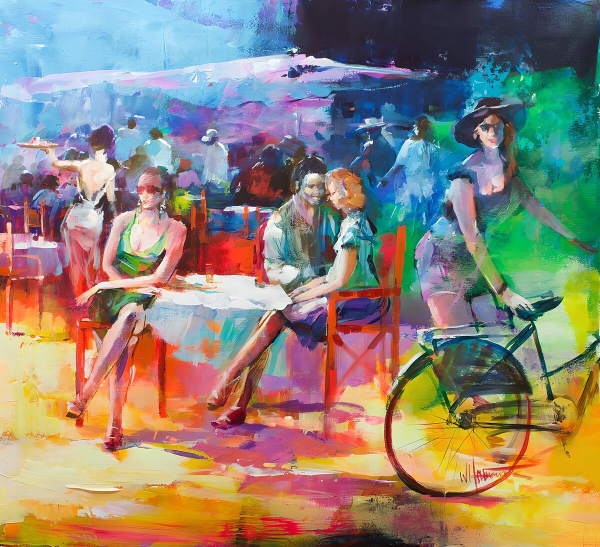 Cafészene mit Frauen und Fahrrad