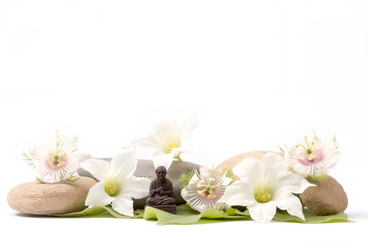 Buddha mit weißen Blüten und Kieselsteinen