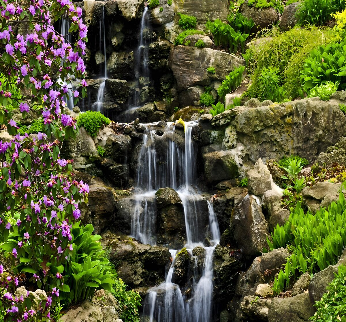 Wasserfall zwischen Felsen und Blüten