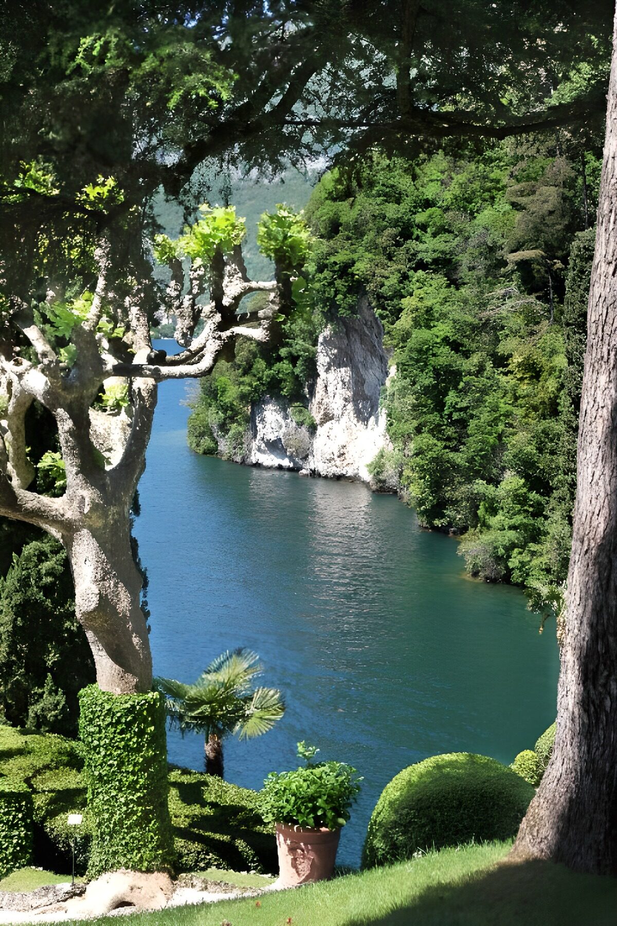 Schattengarten über blaugrünem Wasser