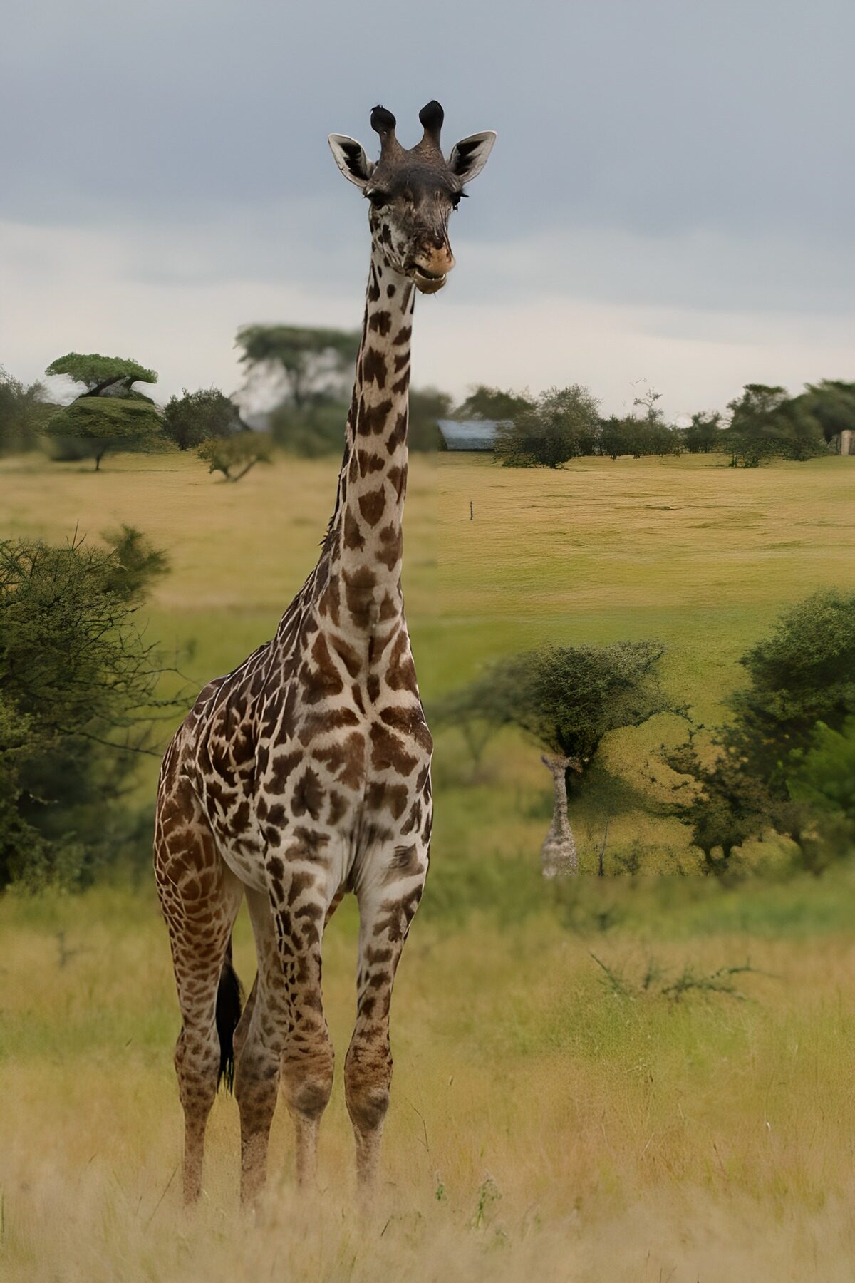 Giraffe im Gras unter grauem Himmel