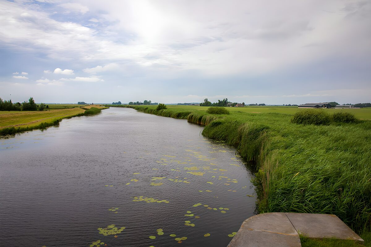 Breiter Wasserlauf zwischen grünen Wiesen