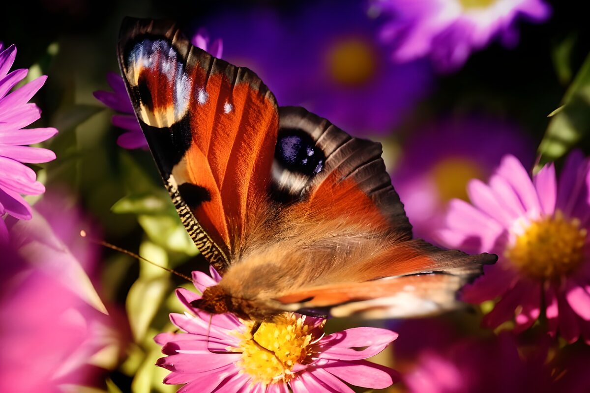 Tagpfauenauge auf sonniger rosa Blüte