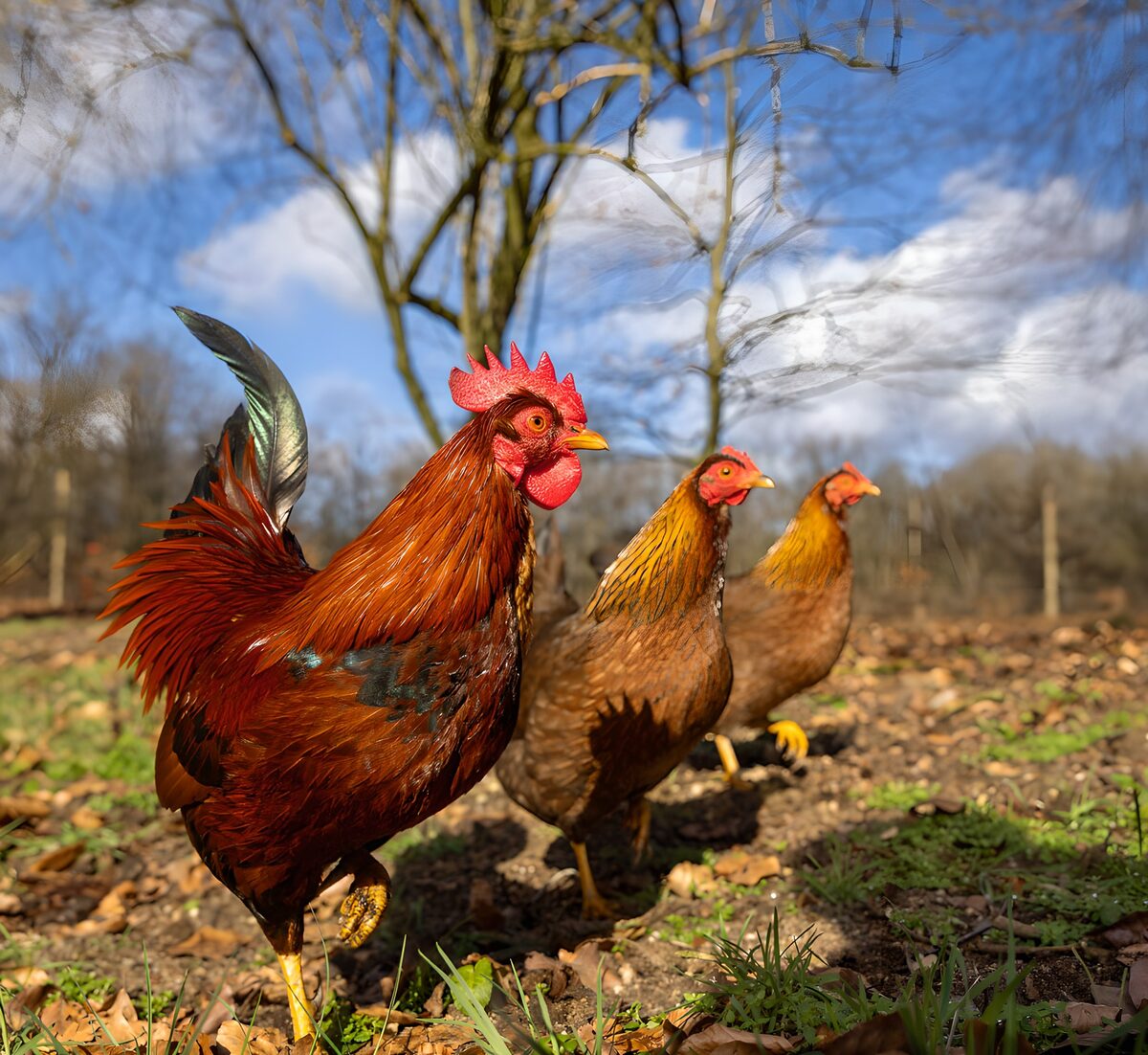 Hahn und Hennen zwischen Licht und Laub