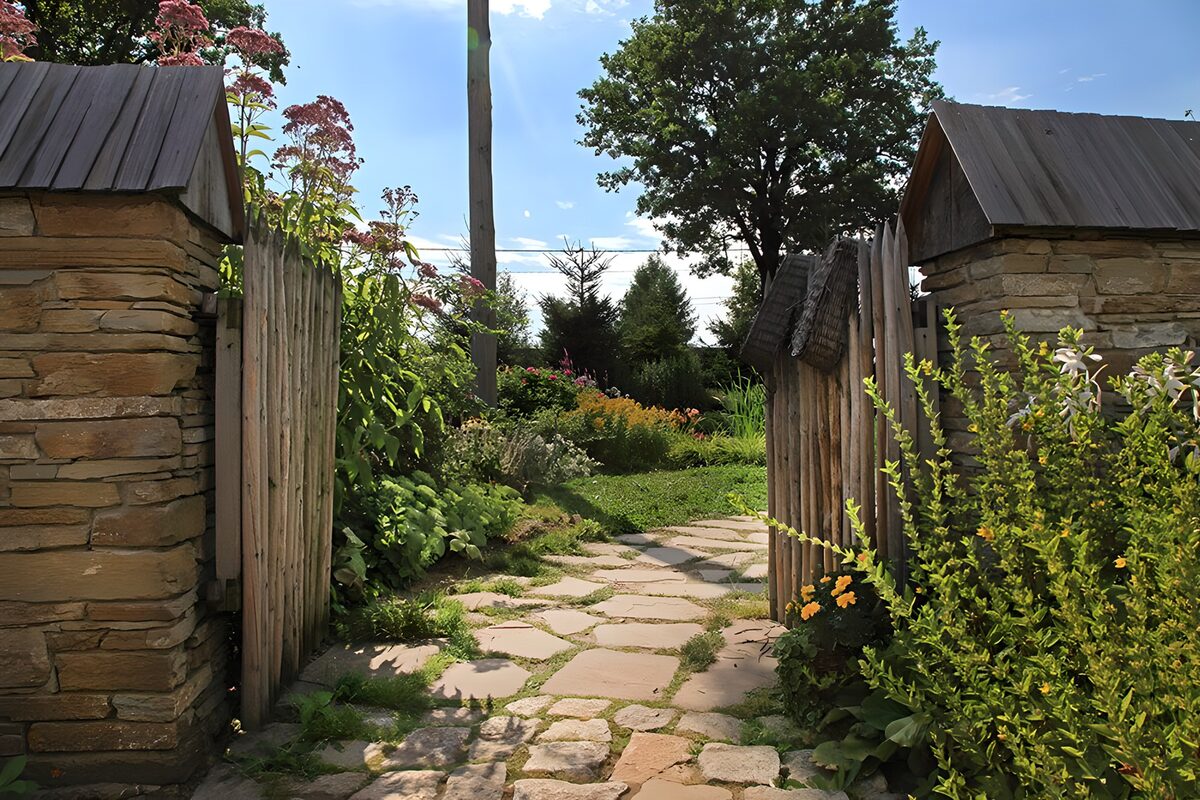 Offenes Holztor zum sonnigen Garten