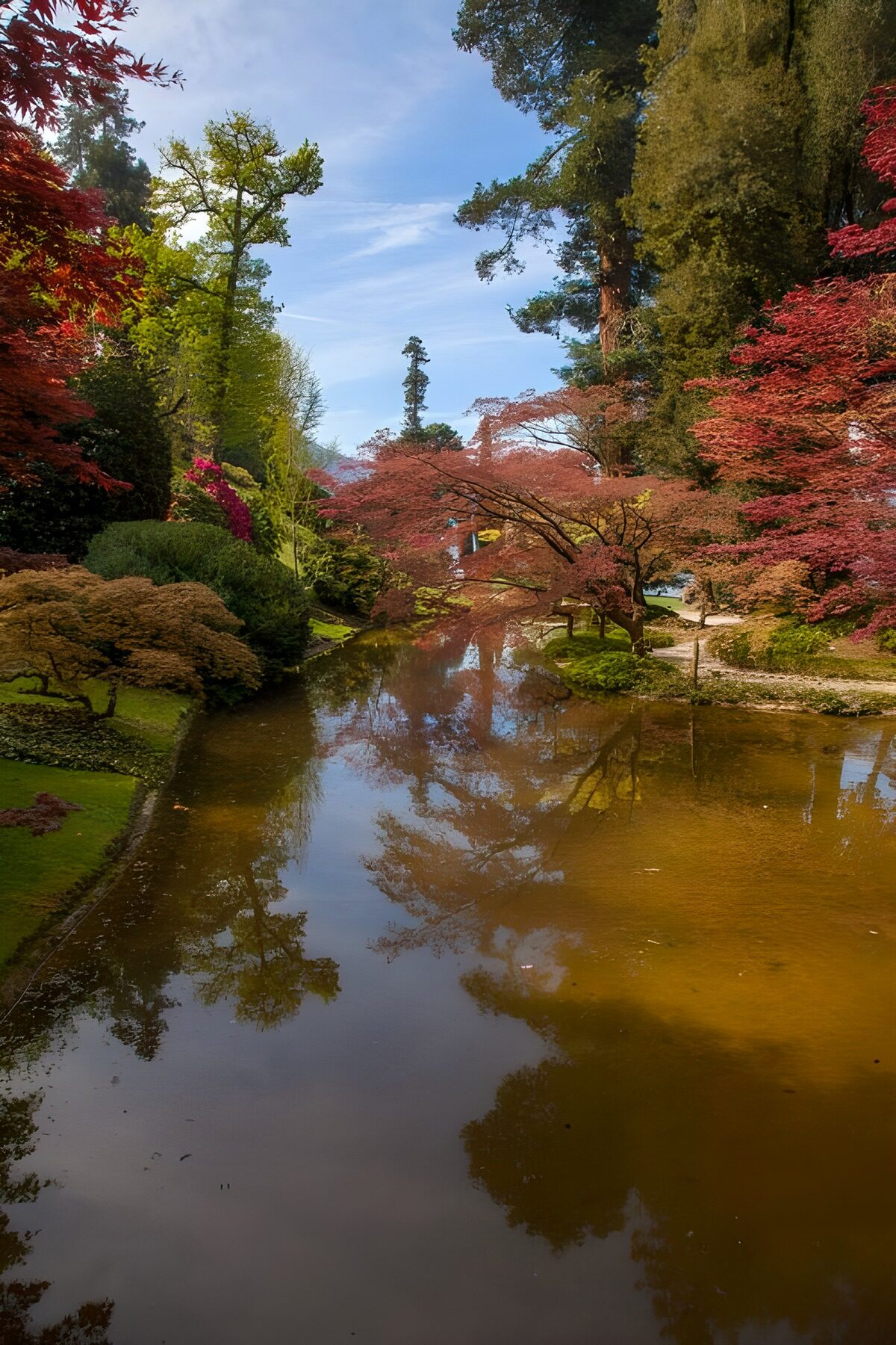 Gartenteich im Schatten roter Ahorne