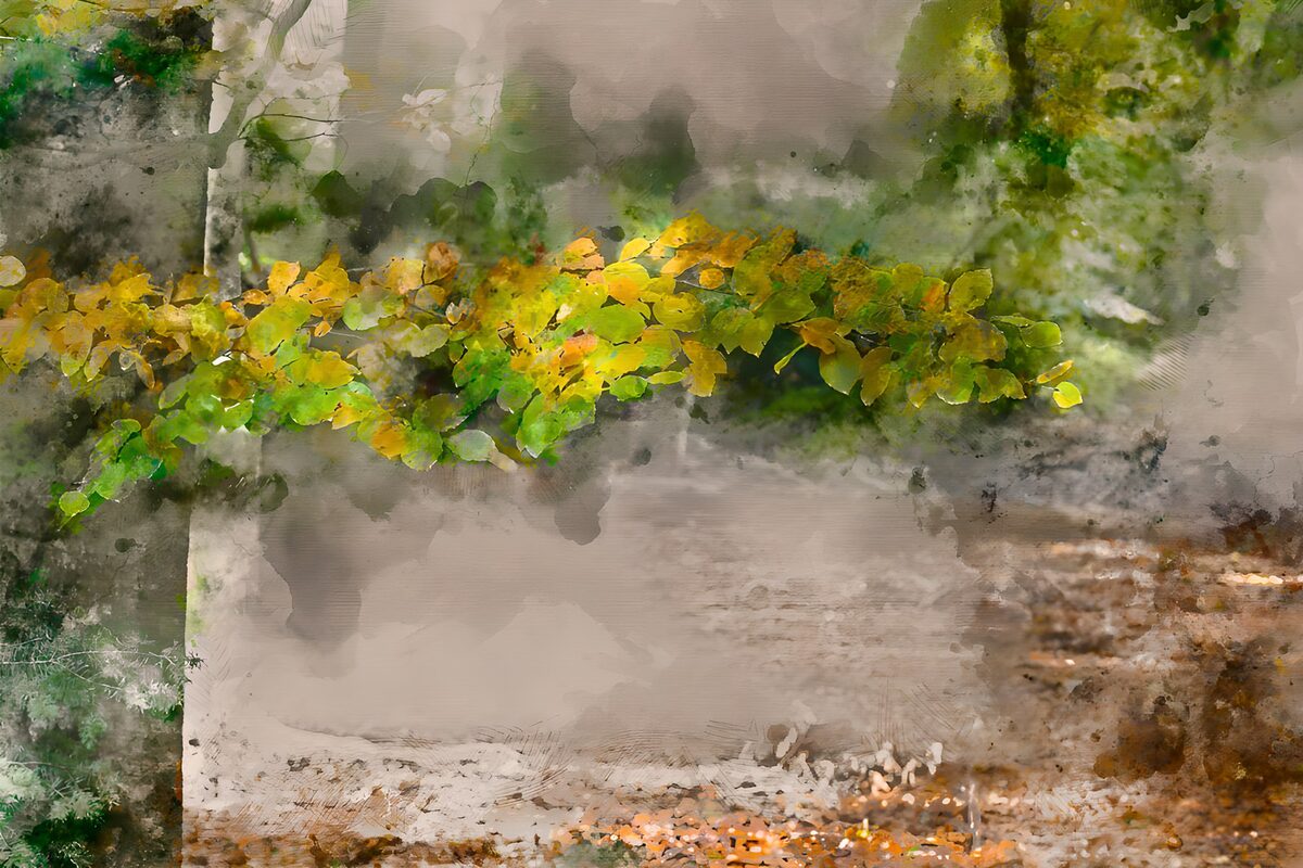 Grüngelber Blätterzweig im Aquarellwald