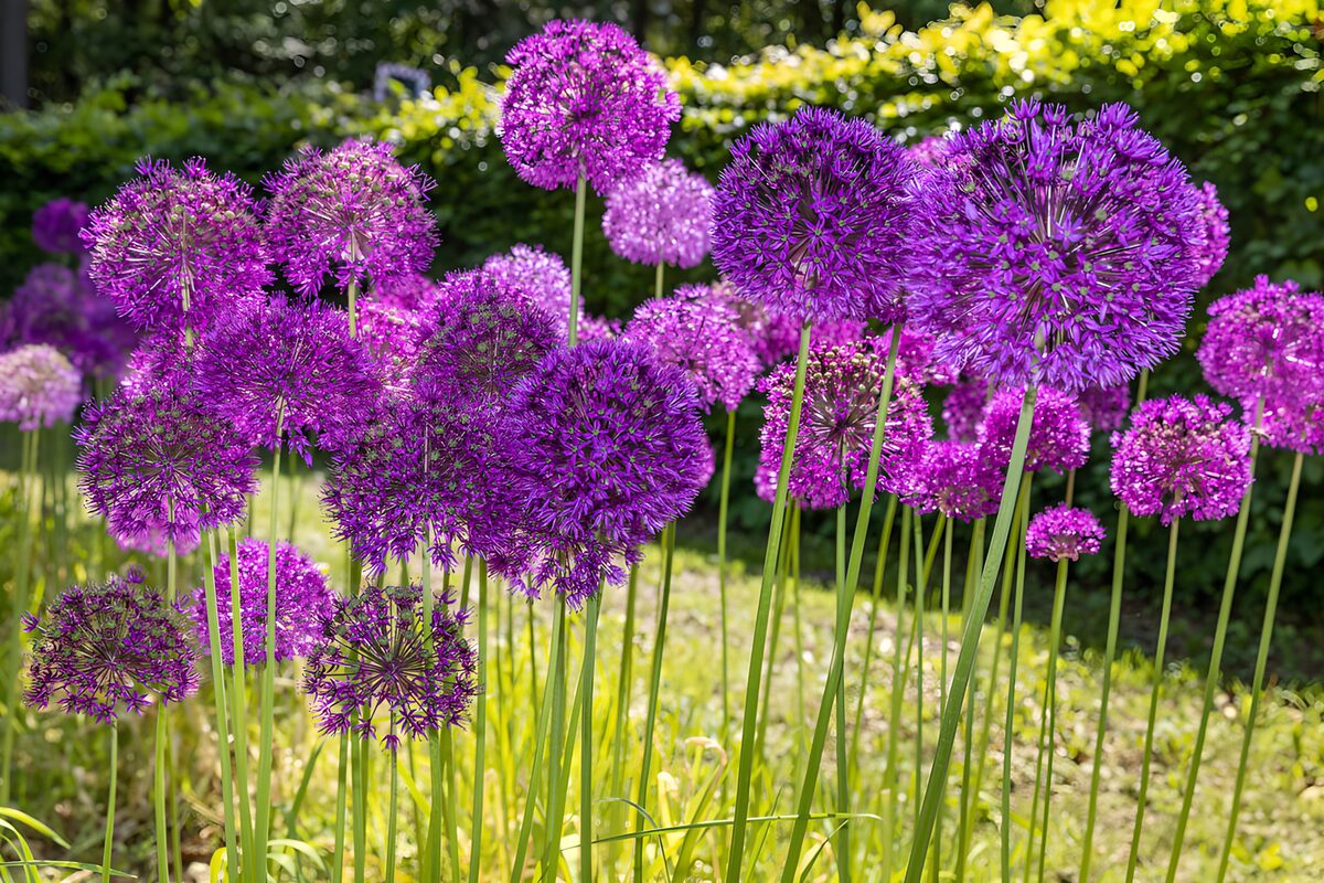 Violette Blüten schweben über dem Grün