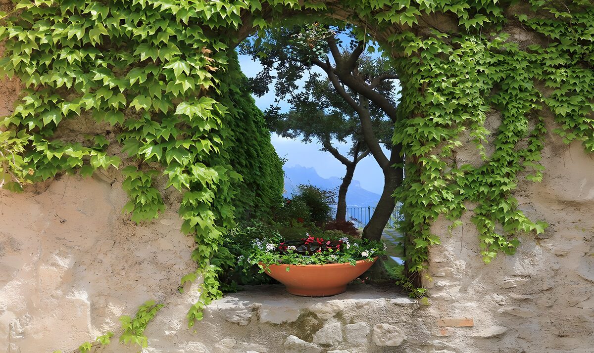 Begrüntes Mauerfenster mit Bergblick