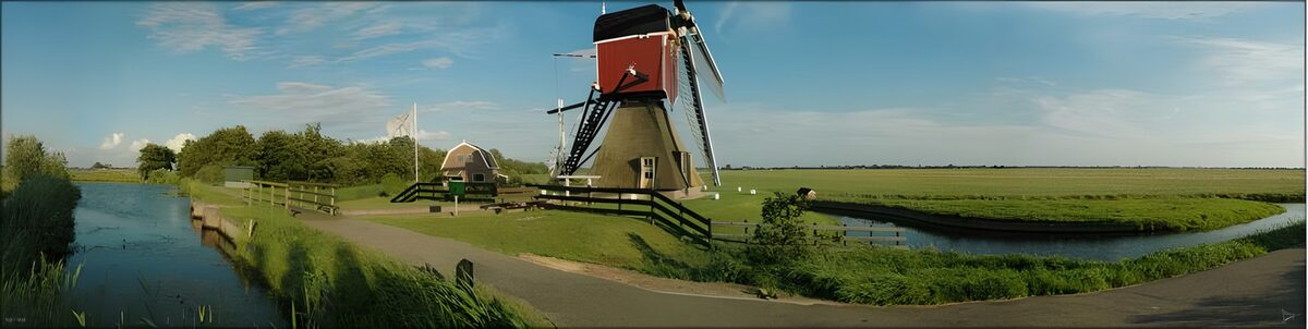 Windmühle zwischen Wasser und Wiesen