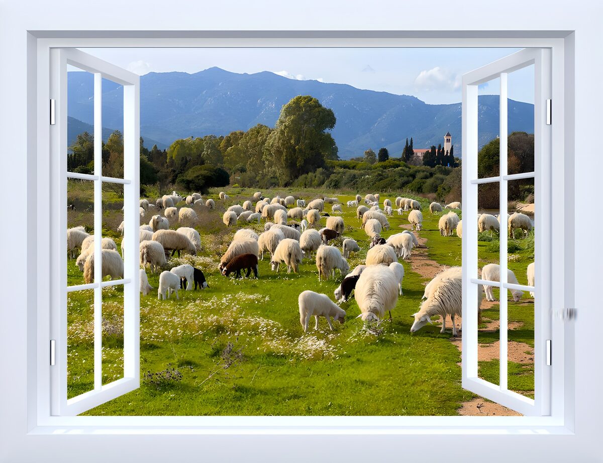 Offenes Fenster zur grünen Schafweide