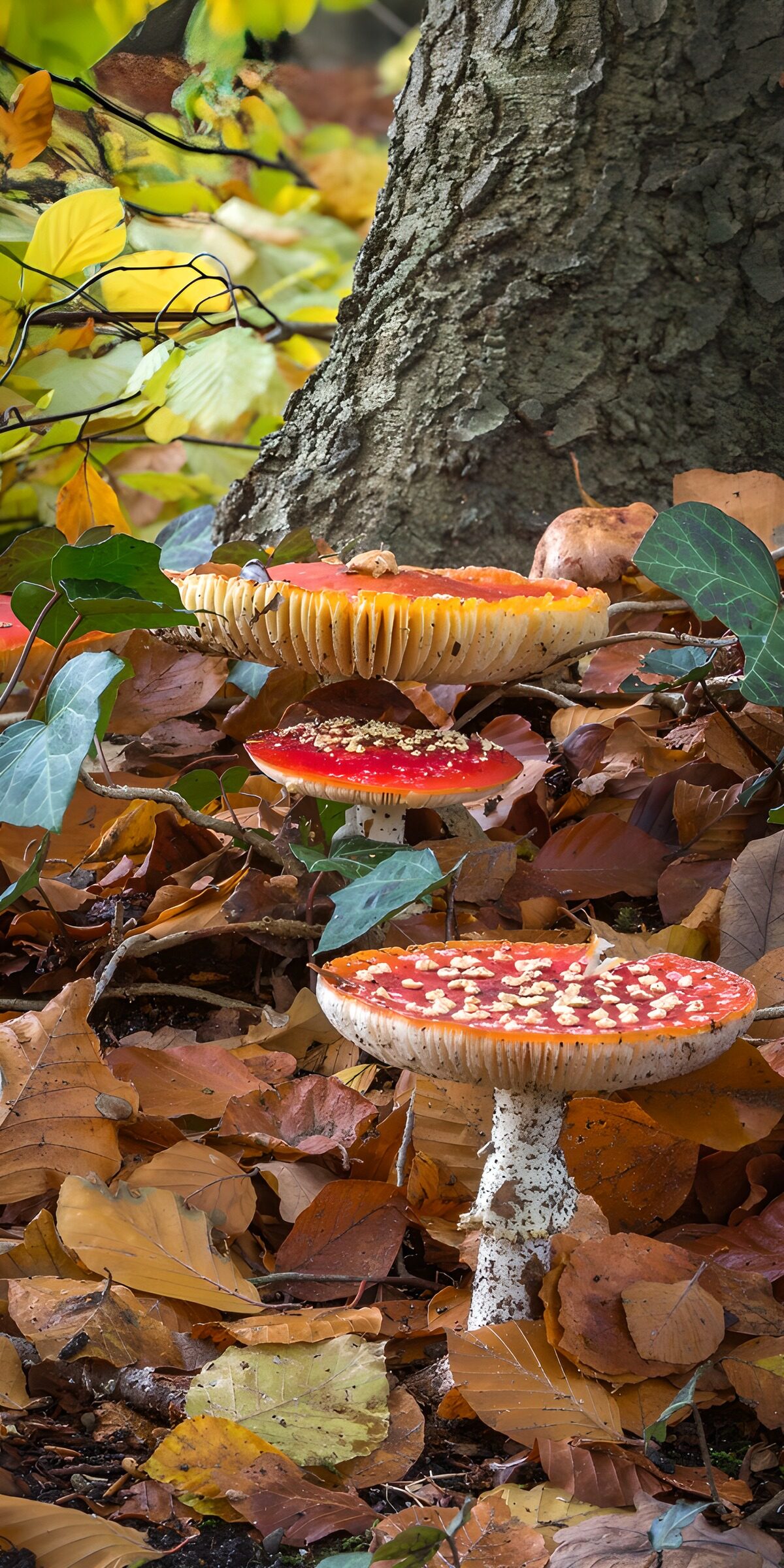 Fliegenpilze am herbstlichen Baumstamm