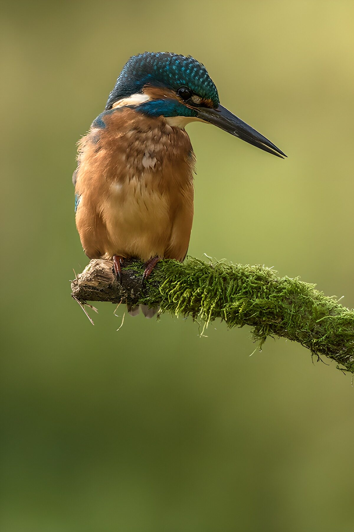 Eisvogel auf Moosast in warmem Licht
