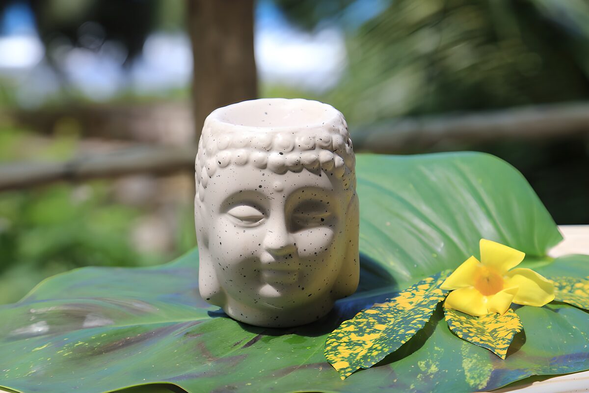 Weißer Buddhakopf auf sonnigem Blatt