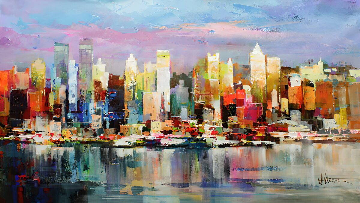 Bunte Skyline mit Wasserspiegelung